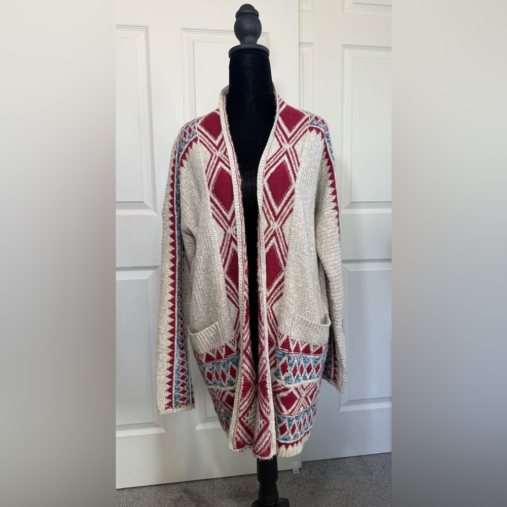 Lucky Brand Aztec Red Blue & Cream Knit Fabric Cardigan. Woman's Size Large.